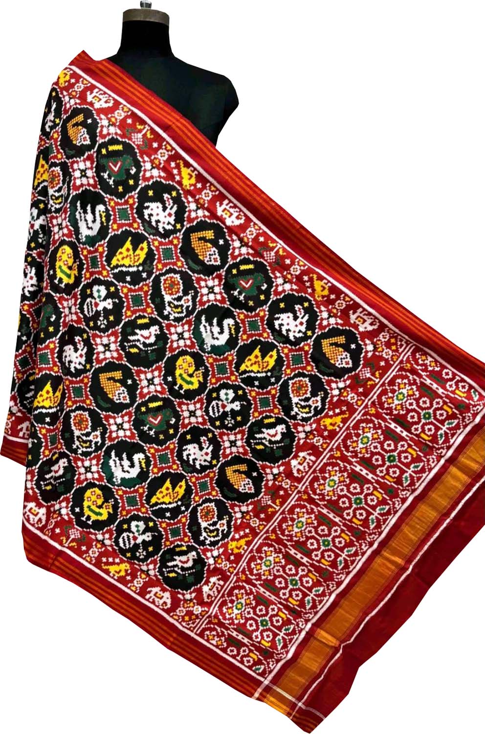Multicolor Pure Silk Handloom Double Ikat Patan Patola Dupatta - Luxurion World- Crafted Heirlooms