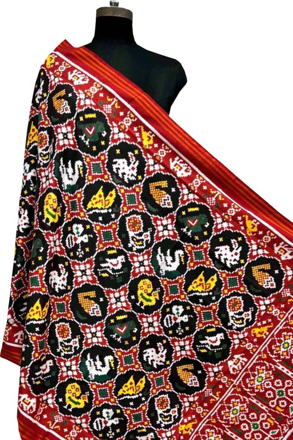 Multicolor Pure Silk Handloom Double Ikat Patan Patola Dupatta - Luxurion World- Crafted Heirlooms