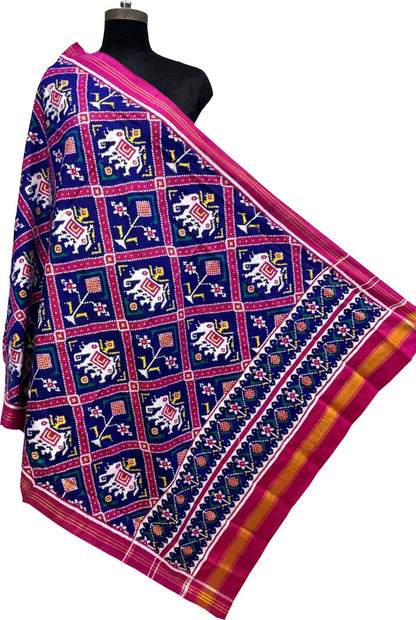 Blue Pure Silk Handloom Double Ikat Patan Patola Dupatta - Luxurion World