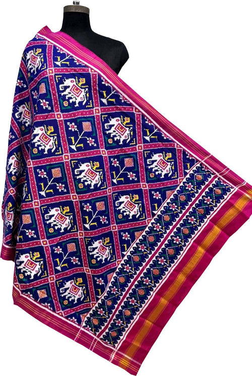 Blue Pure Silk Handloom Double Ikat Patan Patola Dupatta - Luxurion World- Crafted Heirlooms