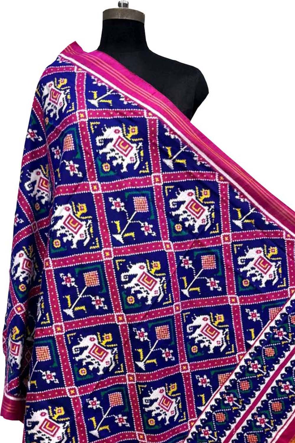 Blue Pure Silk Handloom Double Ikat Patan Patola Dupatta - Luxurion World- Crafted Heirlooms