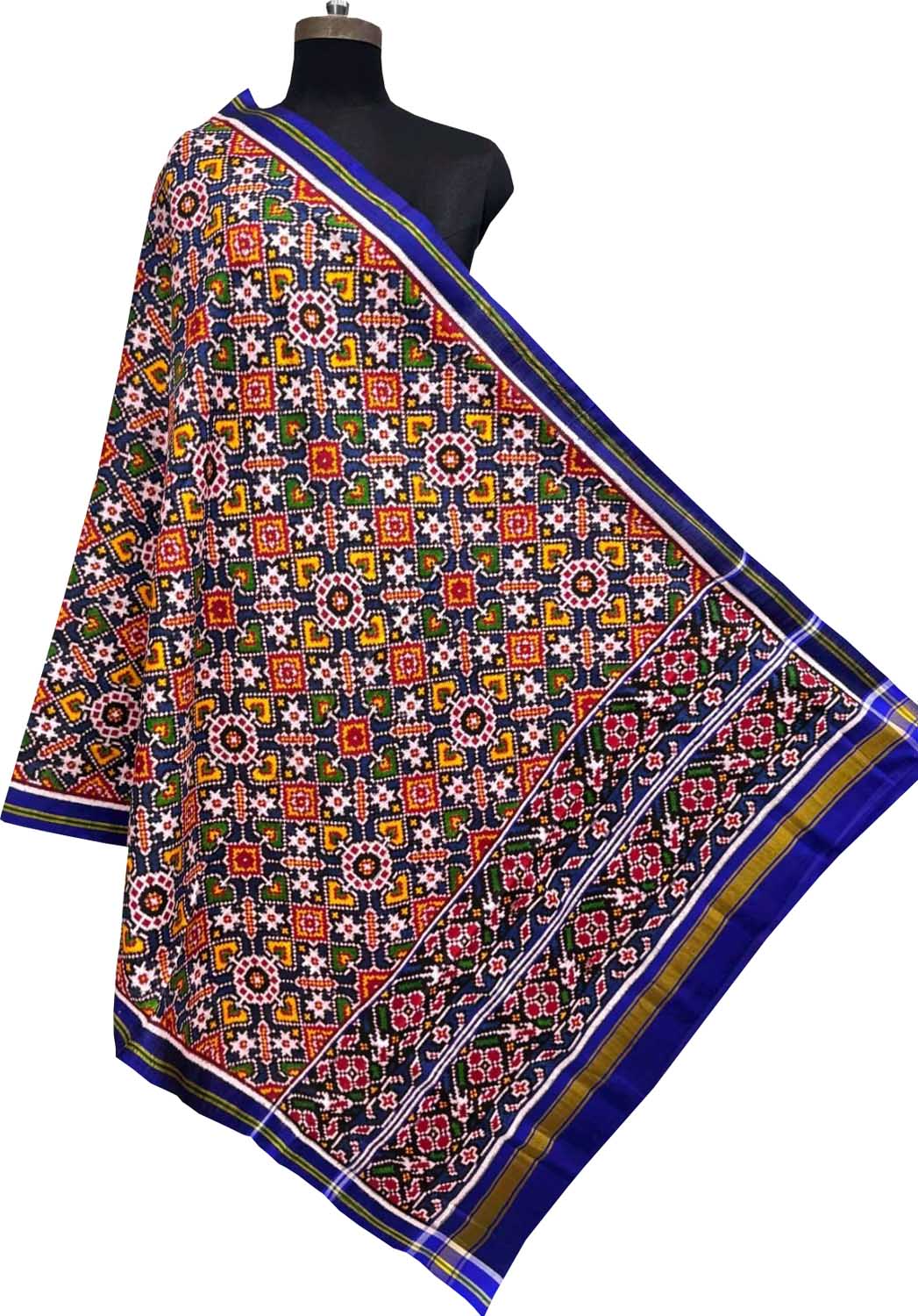 Blue Pure Silk Handloom Double Ikat Patan Patola Dupatta - Luxurion World- Crafted Heirlooms