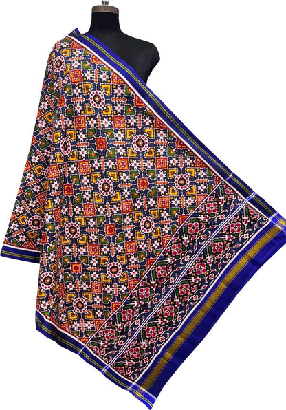Blue Pure Silk Handloom Double Ikat Patan Patola Dupatta - Luxurion World