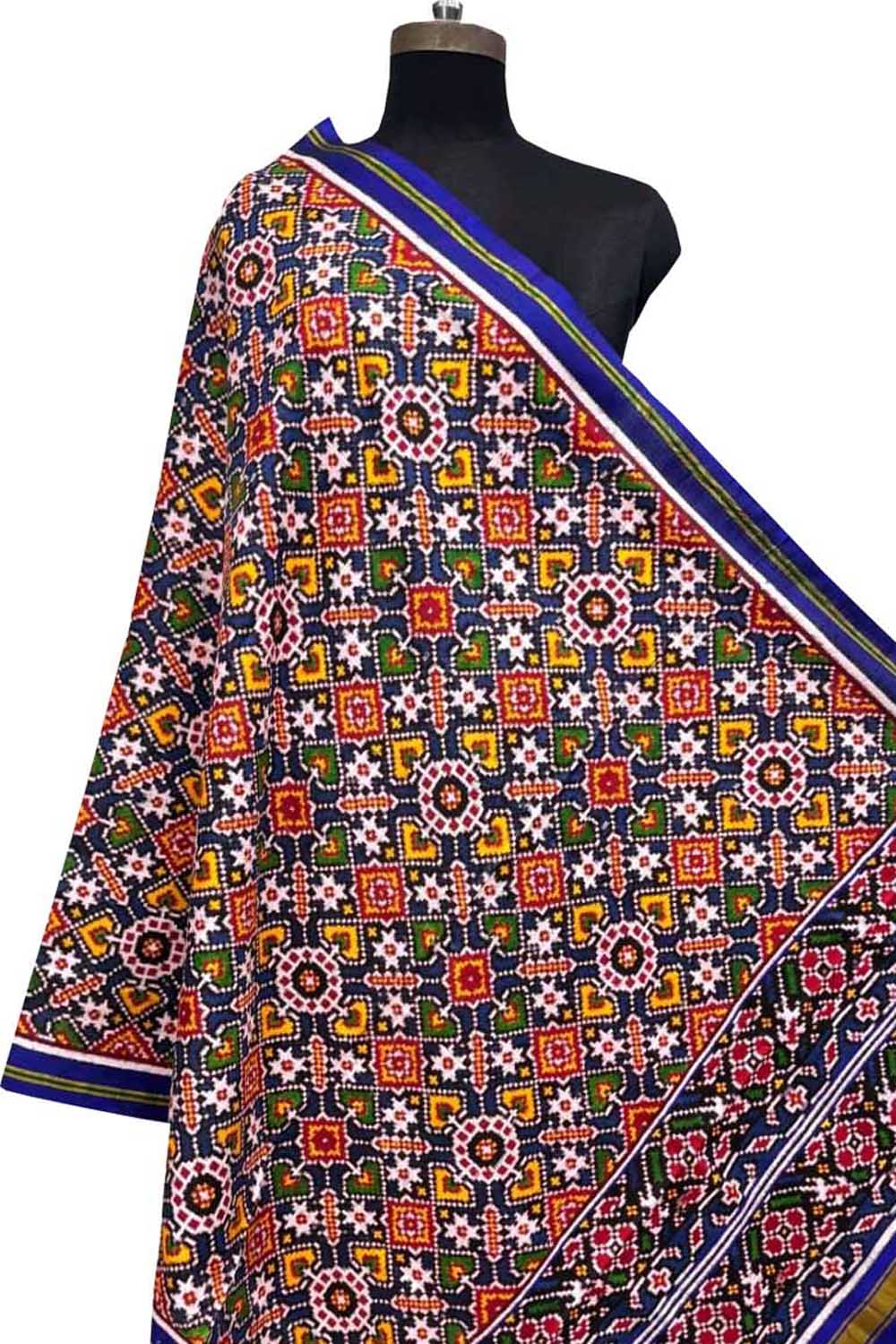 Blue Pure Silk Handloom Double Ikat Patan Patola Dupatta - Luxurion World- Crafted Heirlooms