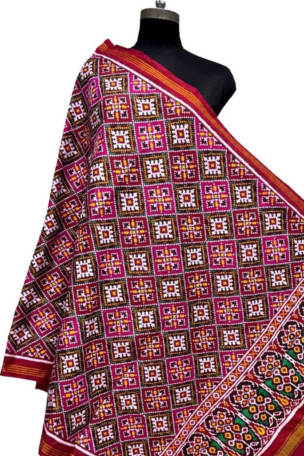 Multicolor Pure Silk Handloom Double Ikat Patan Patola Dupatta - Luxurion World- Crafted Heirlooms