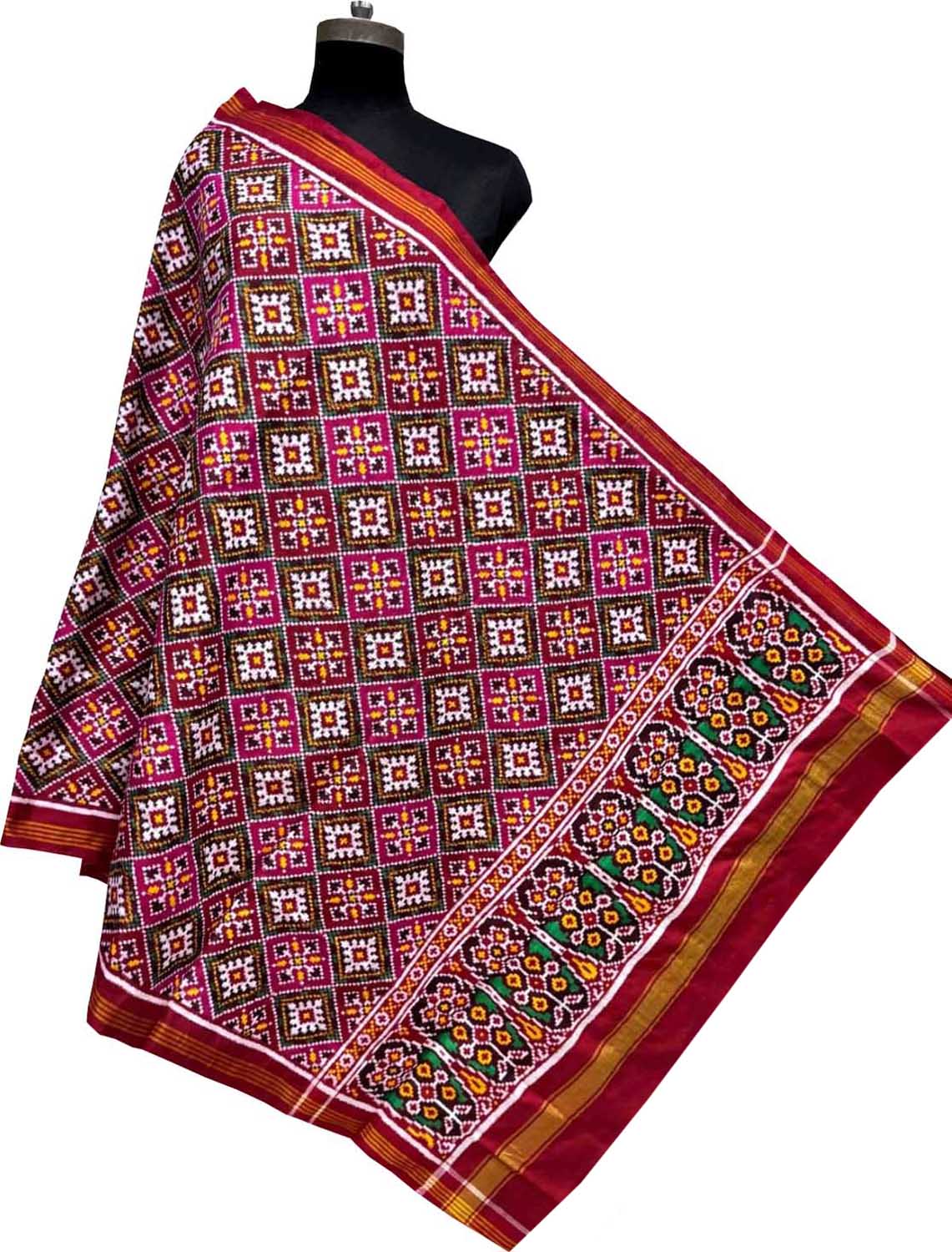 Multicolor Pure Silk Handloom Double Ikat Patan Patola Dupatta - Luxurion World- Crafted Heirlooms