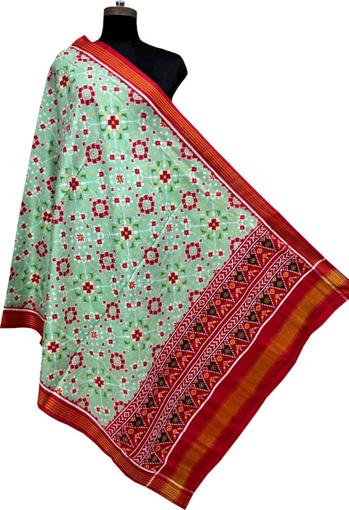 Green Pure Silk Handloom Double Ikat Patan Patola Dupatta - Luxurion World- Crafted Heirlooms