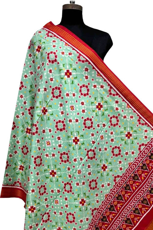 Green Pure Silk Handloom Double Ikat Patan Patola Dupatta - Luxurion World- Crafted Heirlooms
