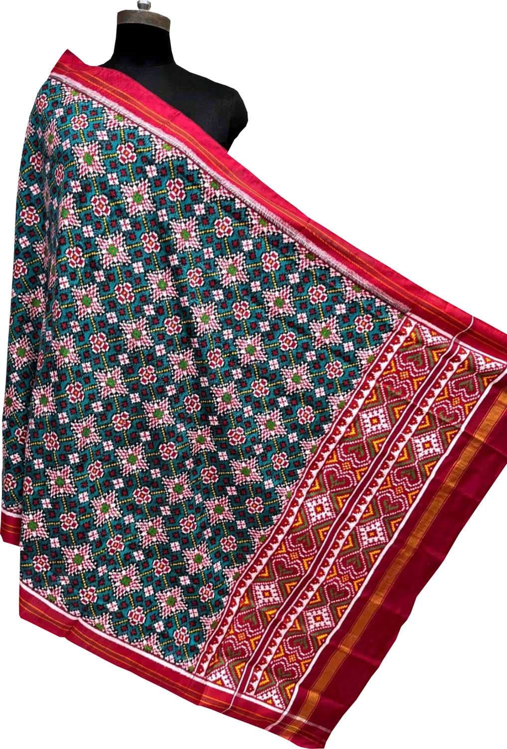 Green Pure Silk Handloom Double Ikat Patan Patola Dupatta - Luxurion World- Crafted Heirlooms