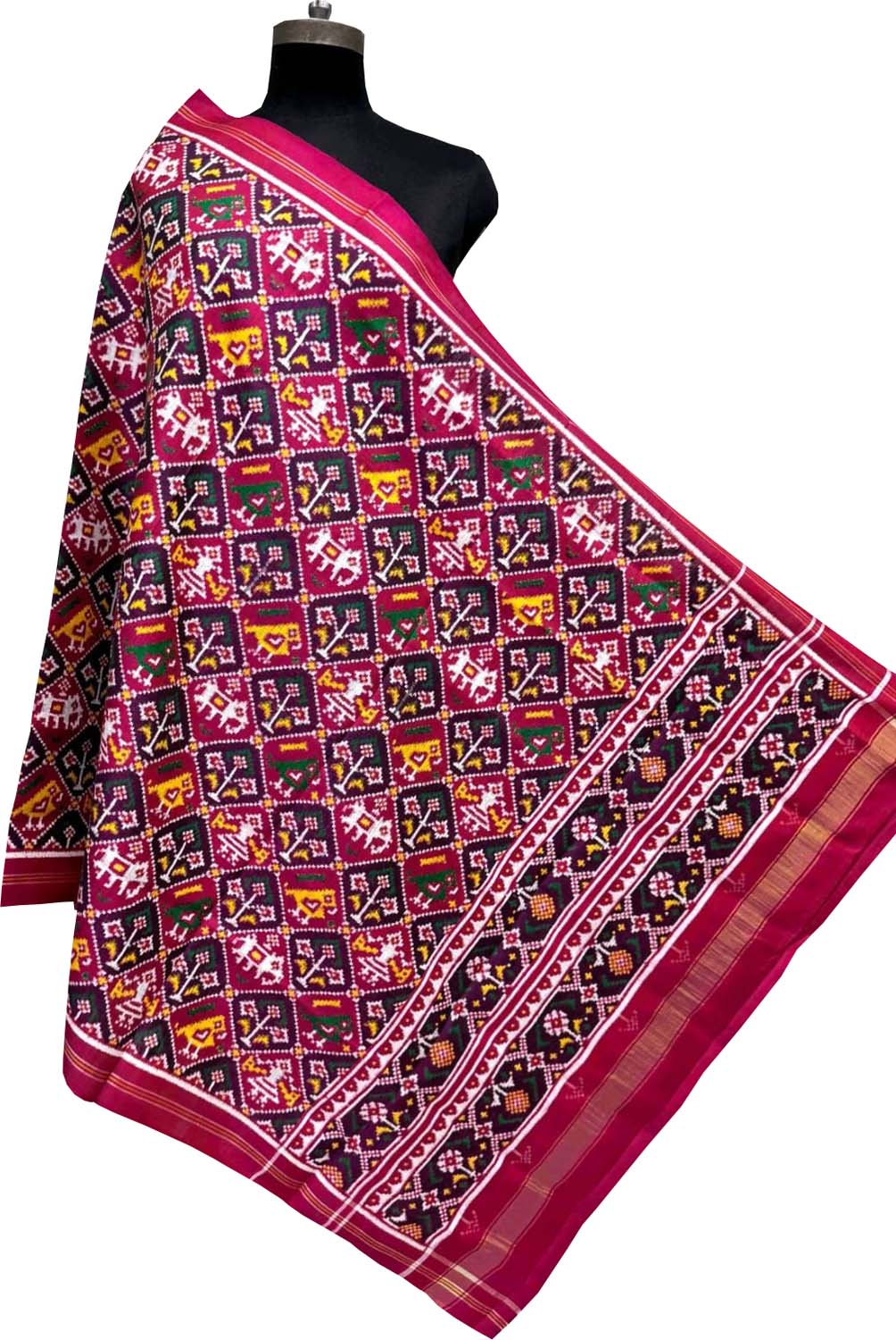 Pink Pure Silk Handloom Double Ikat Patan Patola Dupatta - Luxurion World- Crafted Heirlooms