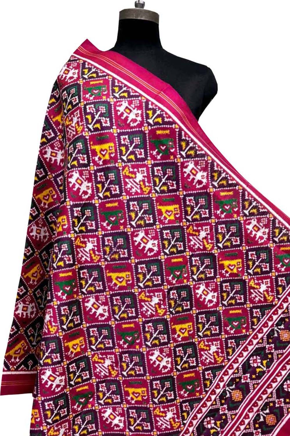 Pink Pure Silk Handloom Double Ikat Patan Patola Dupatta - Luxurion World- Crafted Heirlooms
