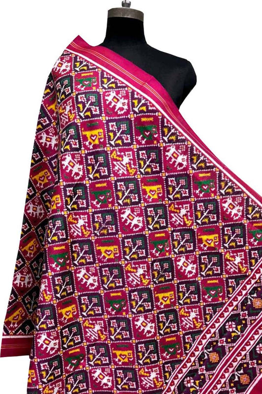 Pink Pure Silk Handloom Double Ikat Patan Patola Dupatta - Luxurion World
