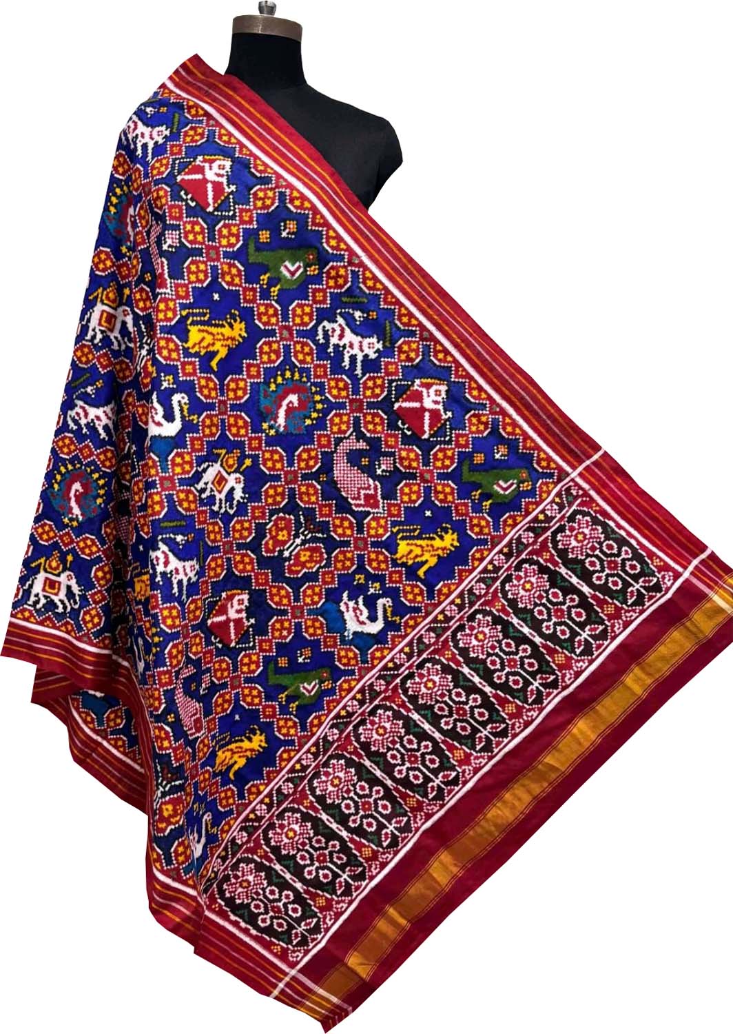 Blue Pure Silk Handloom Double Ikat Patan Patola Dupatta - Luxurion World- Crafted Heirlooms
