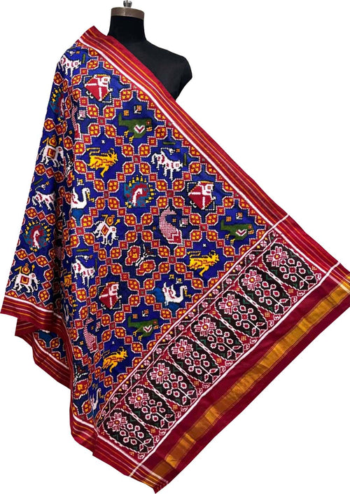 Blue Pure Silk Handloom Double Ikat Patan Patola Dupatta - Luxurion World- Crafted Heirlooms
