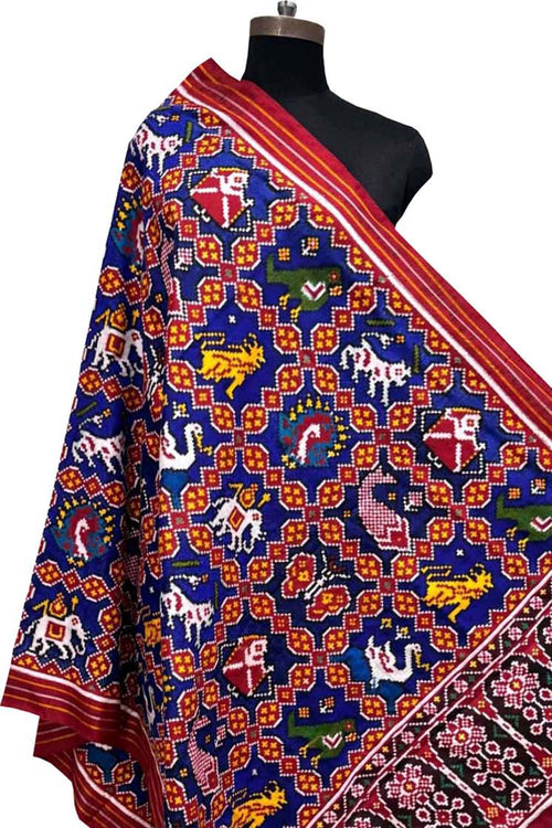 Blue Pure Silk Handloom Double Ikat Patan Patola Dupatta - Luxurion World- Crafted Heirlooms