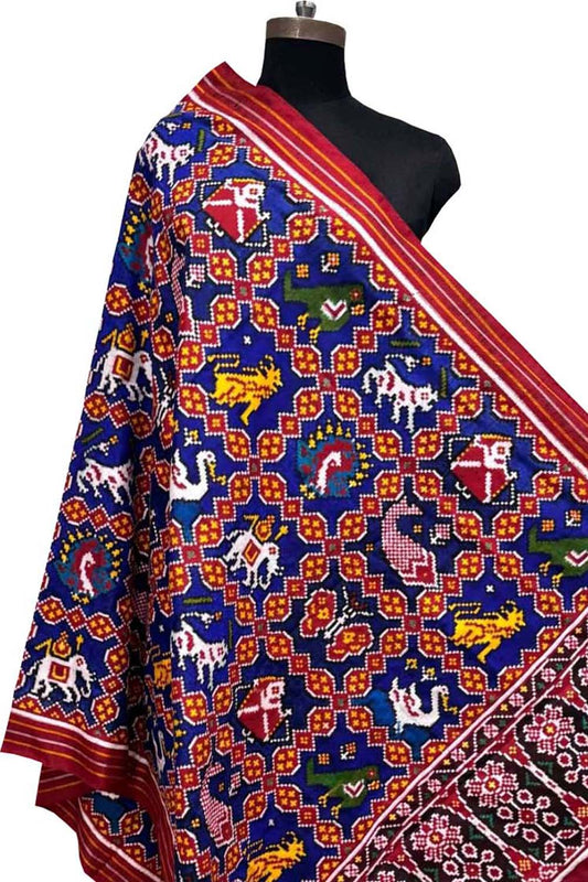 Blue Pure Silk Handloom Double Ikat Patan Patola Dupatta - Luxurion World