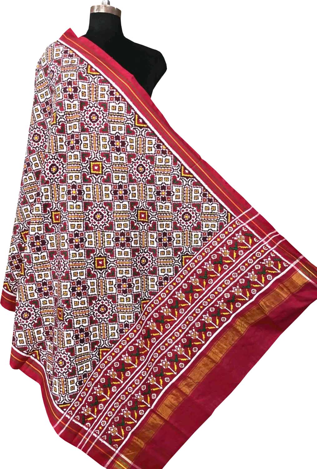 Off White Pure Silk Handloom Double Ikat Patan Patola Dupatta - Luxurion World