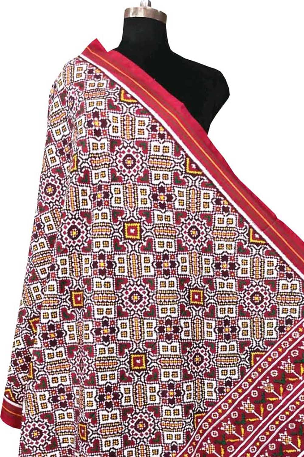 Off White Pure Silk Handloom Double Ikat Patan Patola Dupatta - Luxurion World