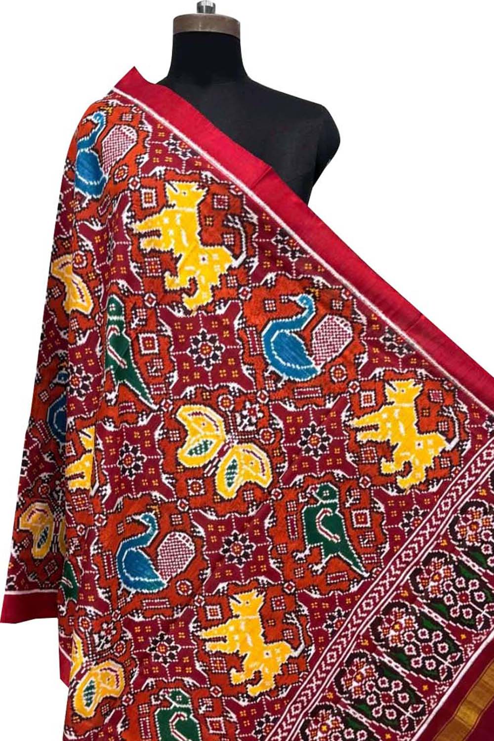 Luxurious Red Pure Silk Handloom Double Ikat Patan Patola Dupatta - Luxurion World- Crafted Heirlooms