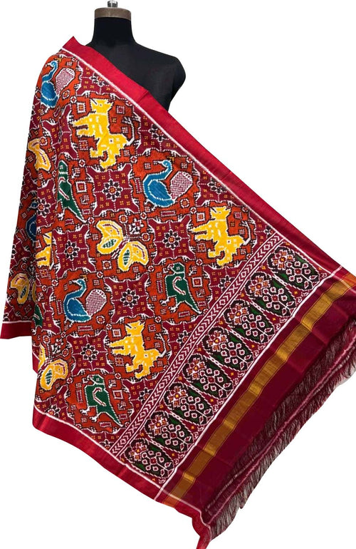 Luxurious Red Pure Silk Handloom Double Ikat Patan Patola Dupatta - Luxurion World- Crafted Heirlooms