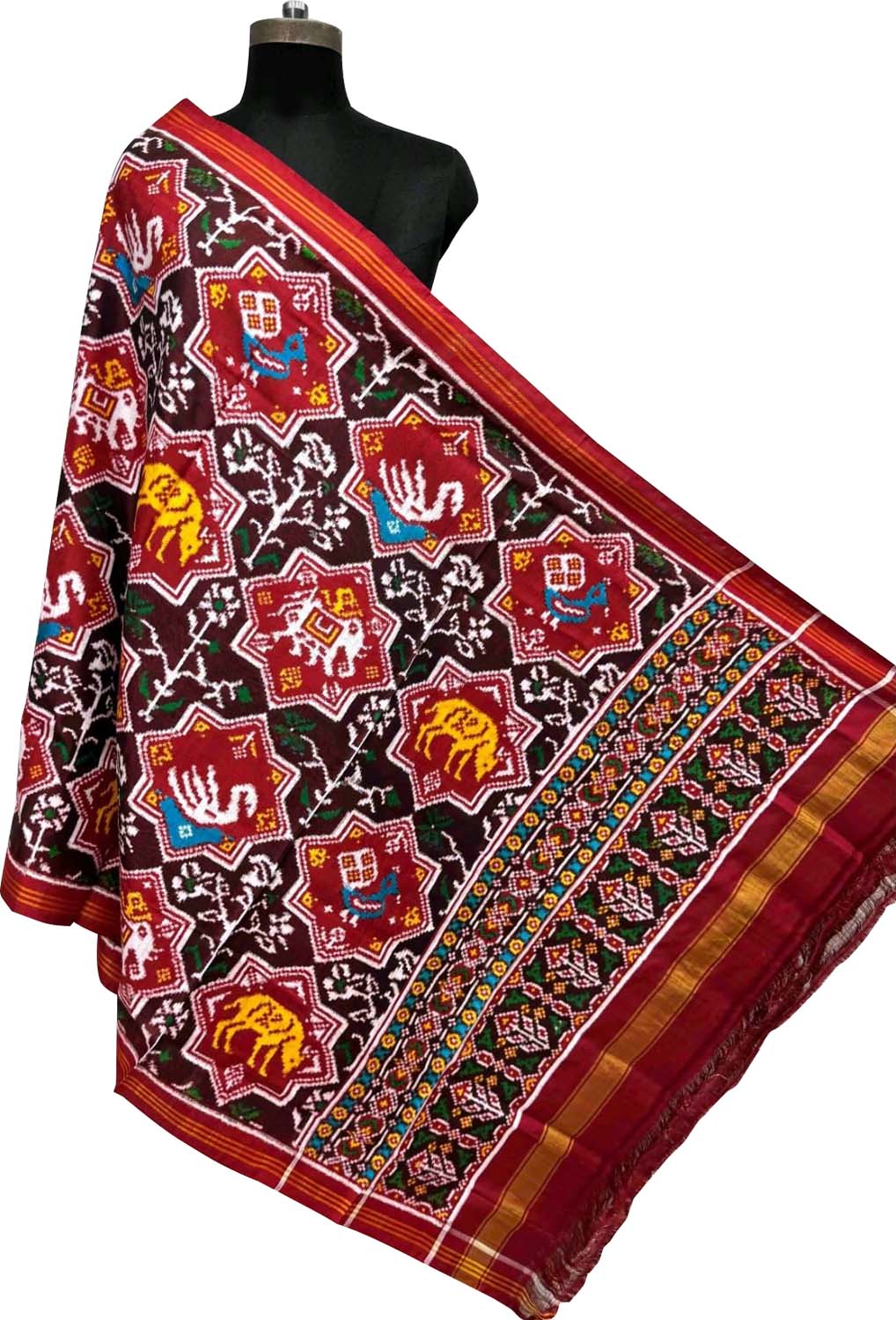 Multicolor Pure Silk Handloom Double Ikat Patan Patola Dupatta - Luxurion World- Crafted Heirlooms