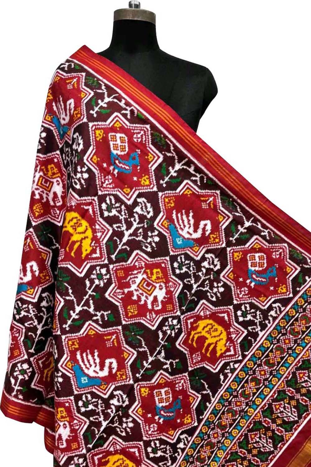 Multicolor Pure Silk Handloom Double Ikat Patan Patola Dupatta - Luxurion World- Crafted Heirlooms