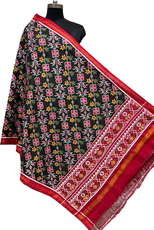 Black Pure Silk Handloom Double Ikat Patan Patola Dupatta - Luxurion World- Crafted Heirlooms