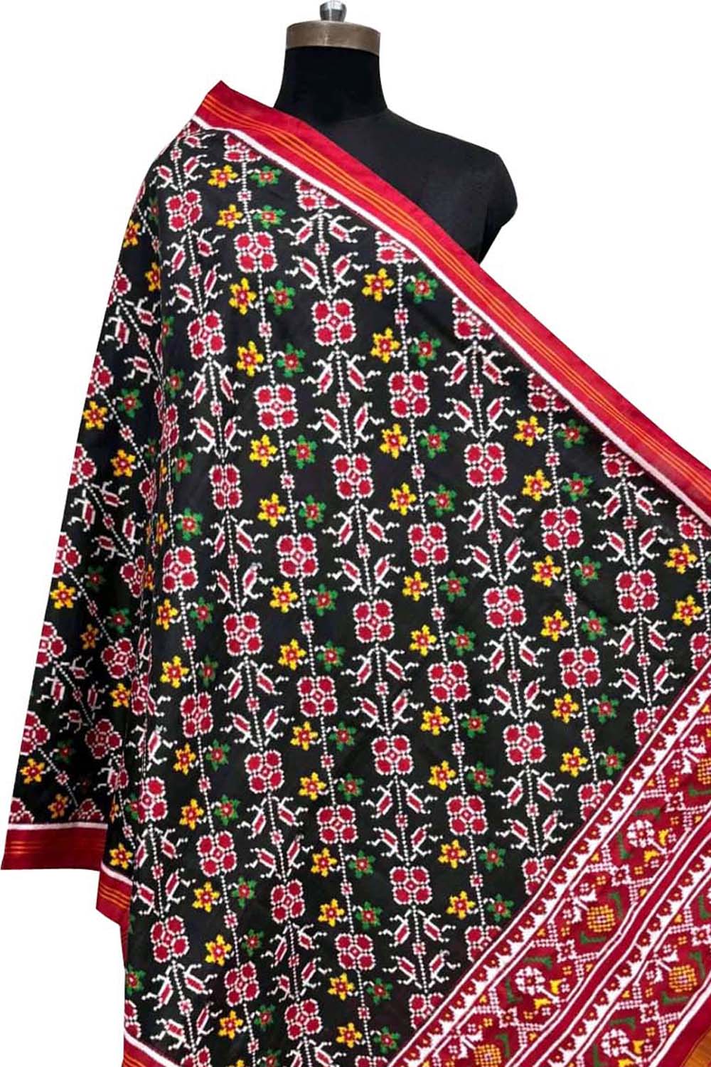 Black Pure Silk Handloom Double Ikat Patan Patola Dupatta - Luxurion World- Crafted Heirlooms