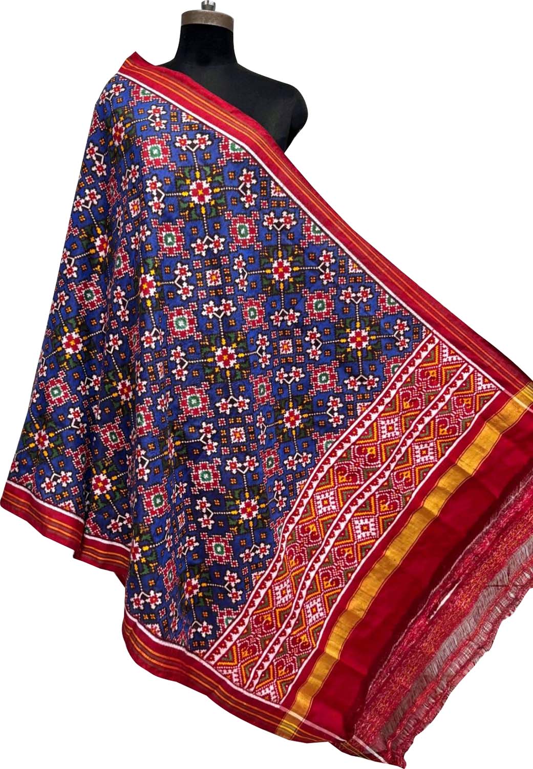 Blue Pure Silk Handloom Double Ikat Patan Patola Dupatta - Luxurion World- Crafted Heirlooms