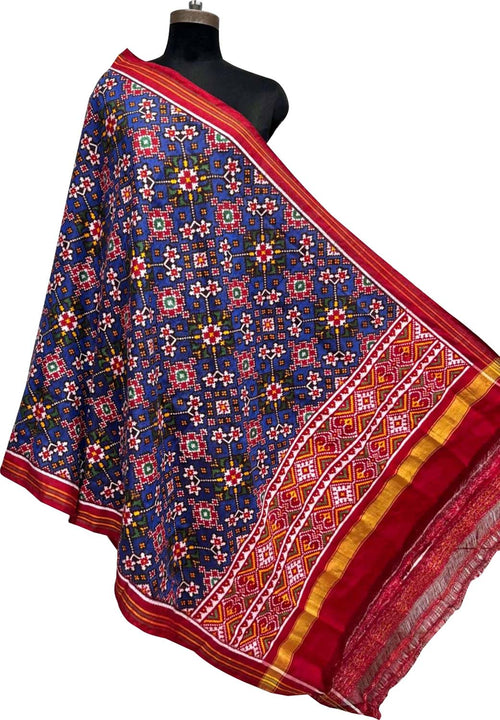 Blue Pure Silk Handloom Double Ikat Patan Patola Dupatta - Luxurion World- Crafted Heirlooms