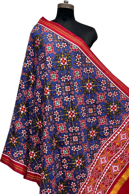 Blue Pure Silk Handloom Double Ikat Patan Patola Dupatta - Luxurion World- Crafted Heirlooms