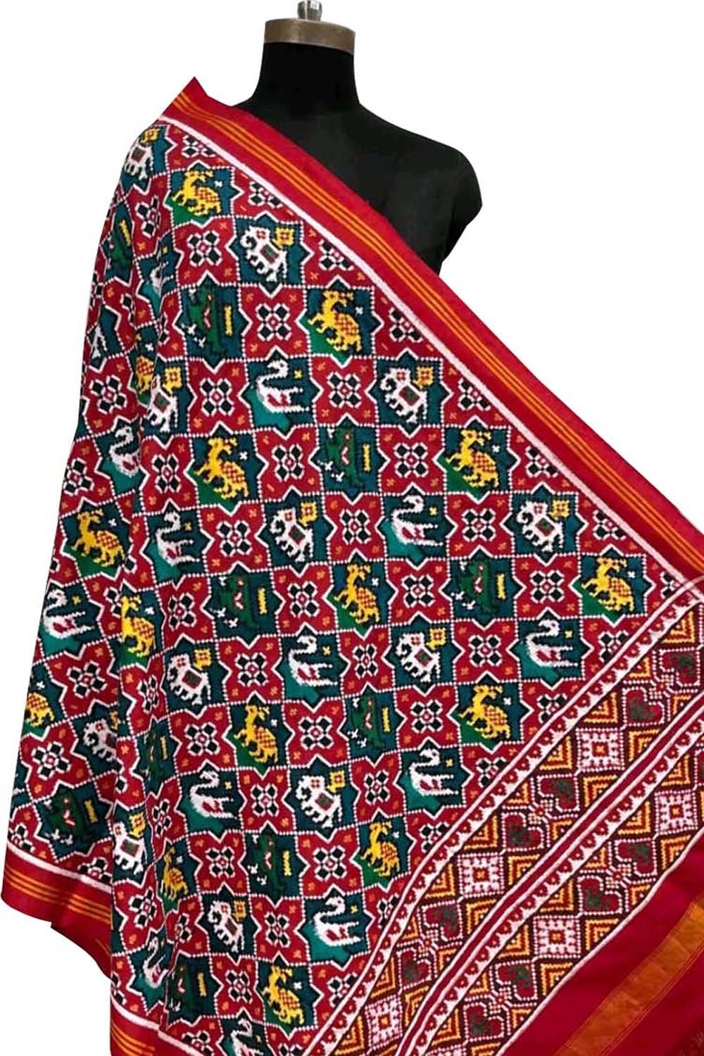 Multicolor Pure Silk Handloom Double Ikat Patan Patola Dupatta - Luxurion World- Crafted Heirlooms