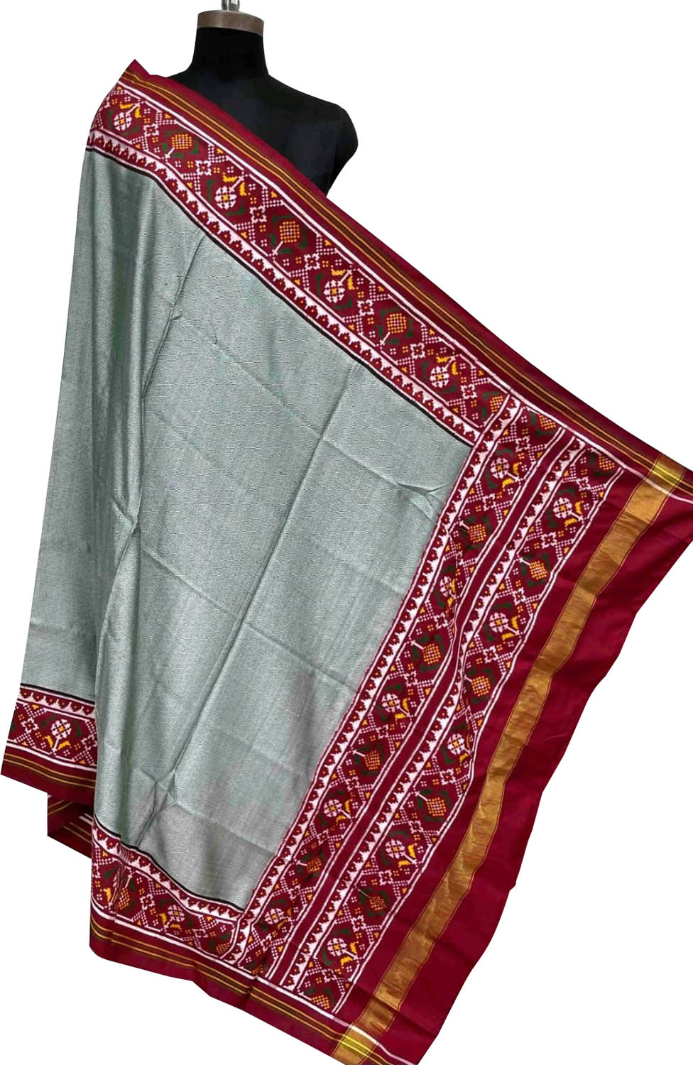 Grey Pure Silk Handloom Double Ikat Patan Patola Dupatta - Luxurion World- Crafted Heirlooms
