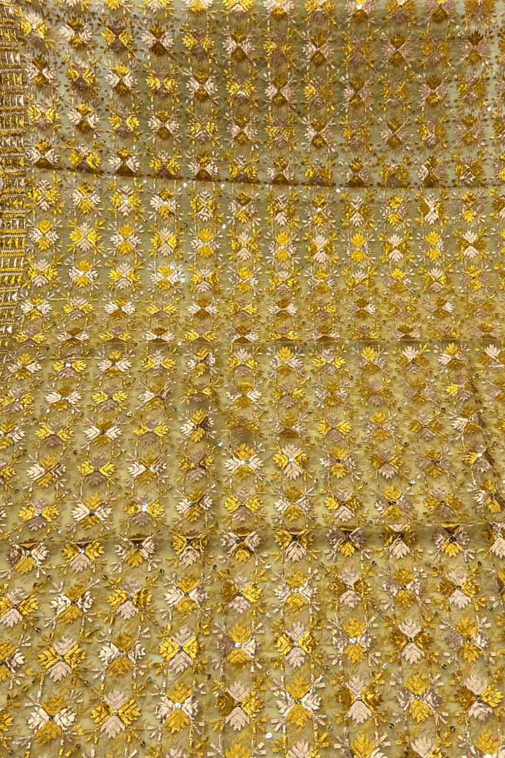 Yellow Phulkari Embroidered Organza Silk Sequins Scallop Dupatta - Luxurion World