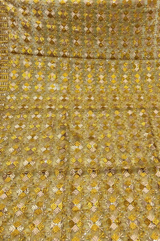 Yellow Phulkari Embroidered Organza Silk Sequins Scallop Dupatta