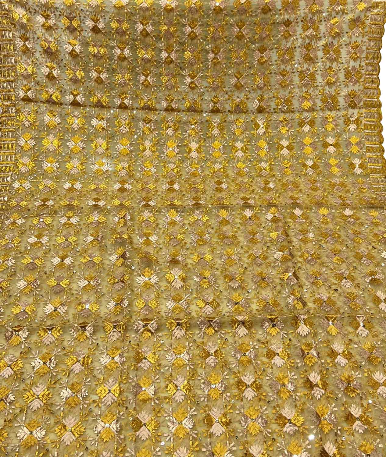 Yellow Phulkari Embroidered Organza Silk Sequins Scallop Dupatta - Luxurion World