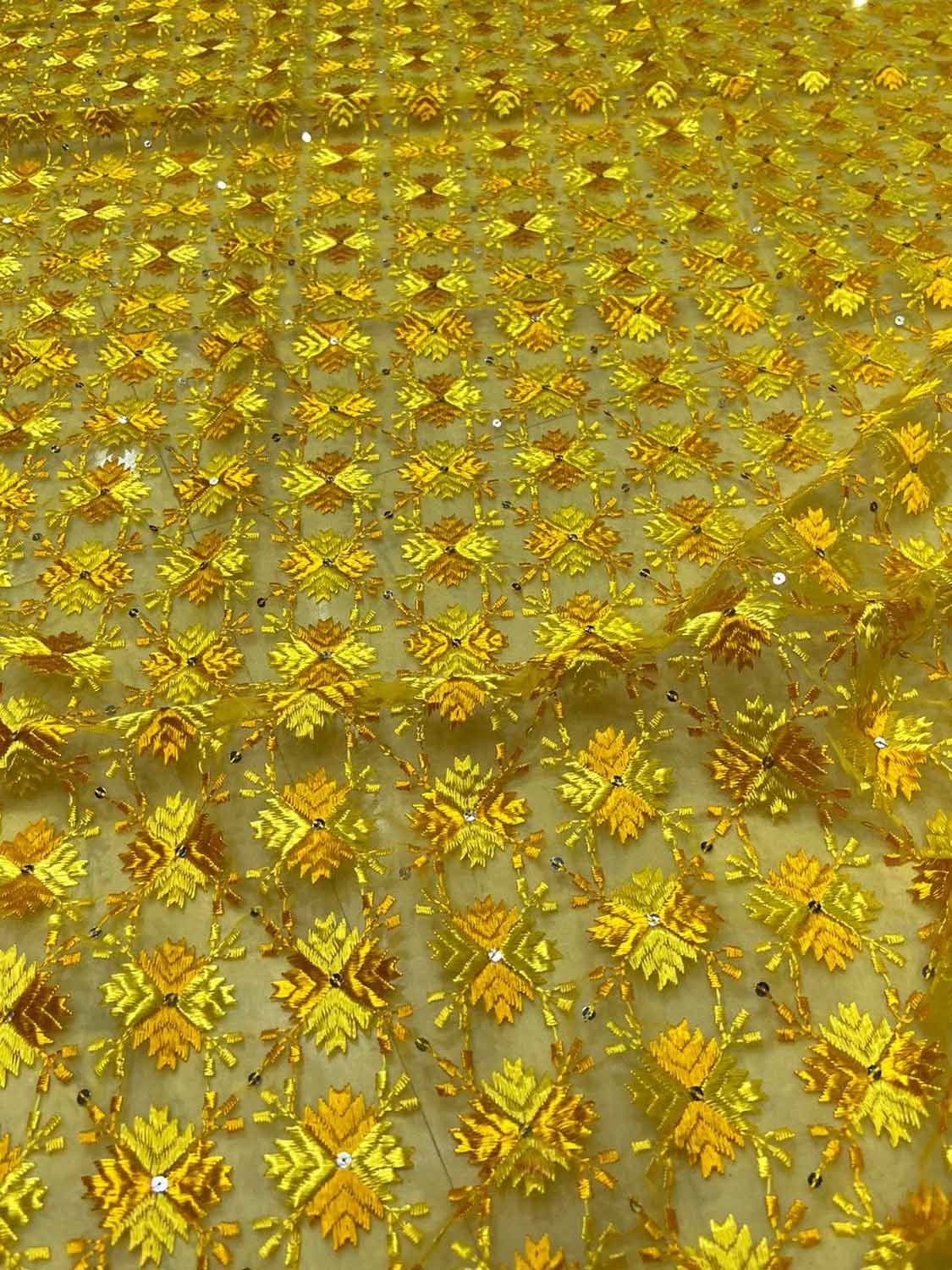 Yellow Phulkari Embroidered Organza Silk Sequins Scallop Dupatta - Luxurion World