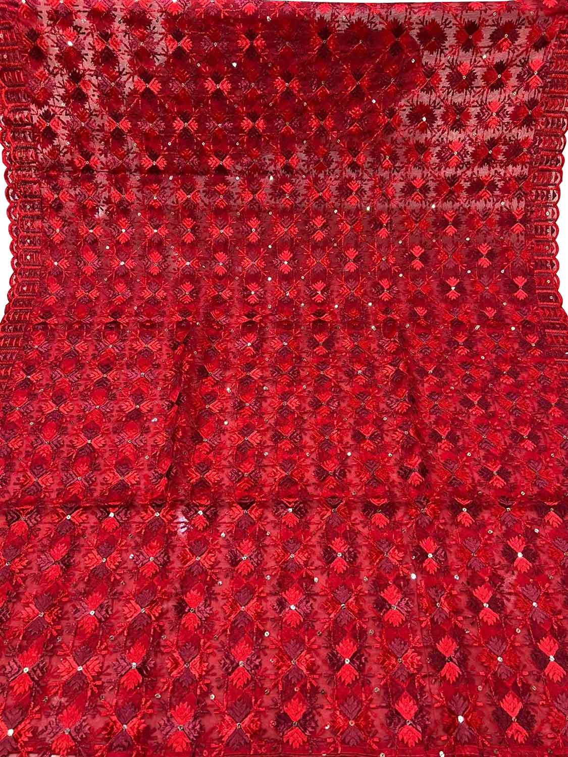 Red Phulkari Embroidered Organza Silk Sequins Scallop Dupatta - Luxurion World