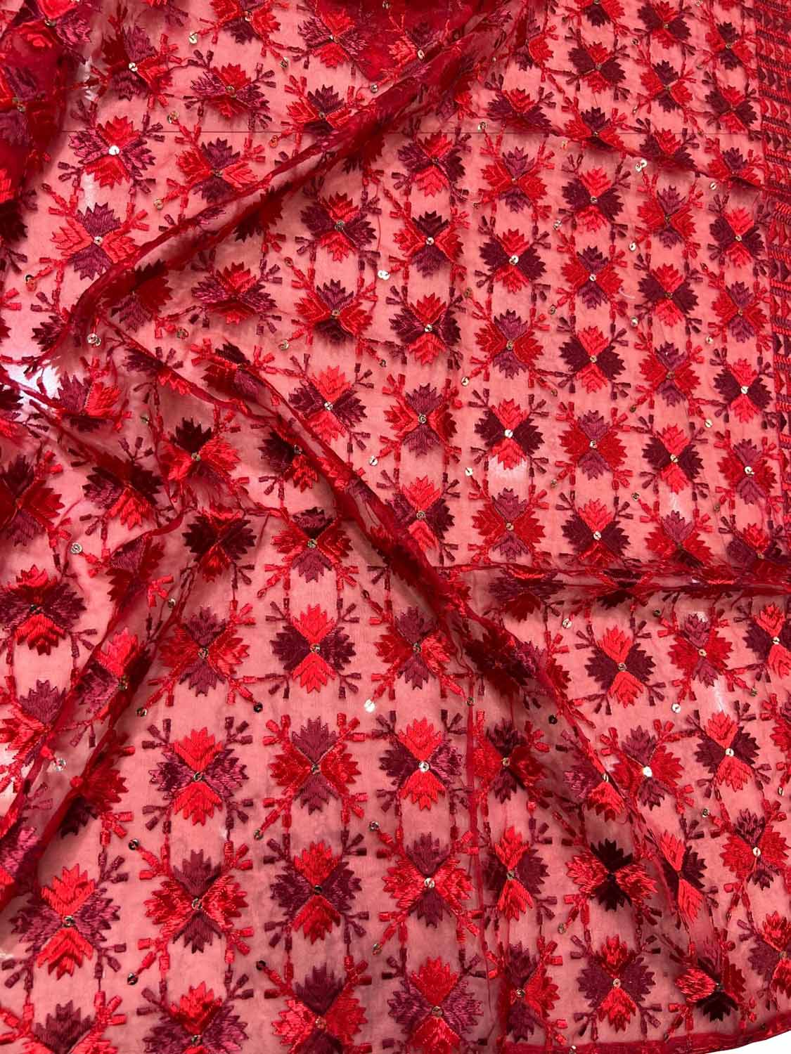 Red Phulkari Embroidered Organza Silk Sequins Scallop Dupatta - Luxurion World
