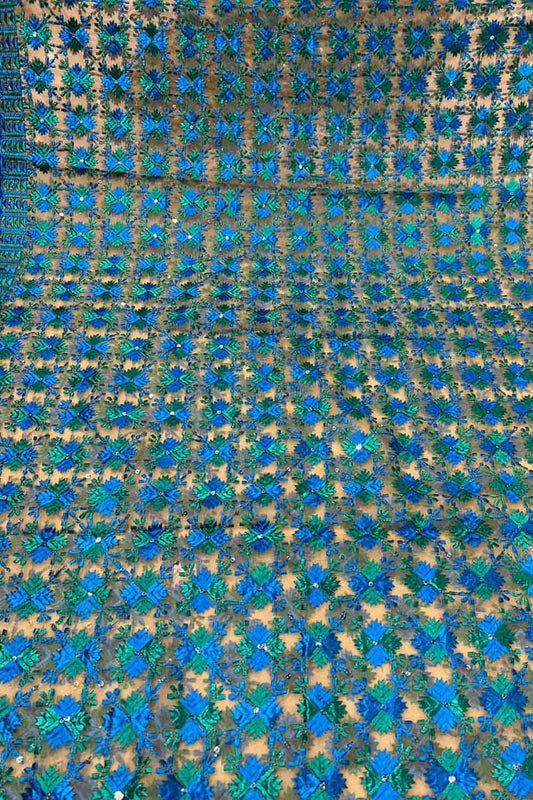 Blue Phulkari Embroidered Organza Silk Sequins Scallop Dupatta