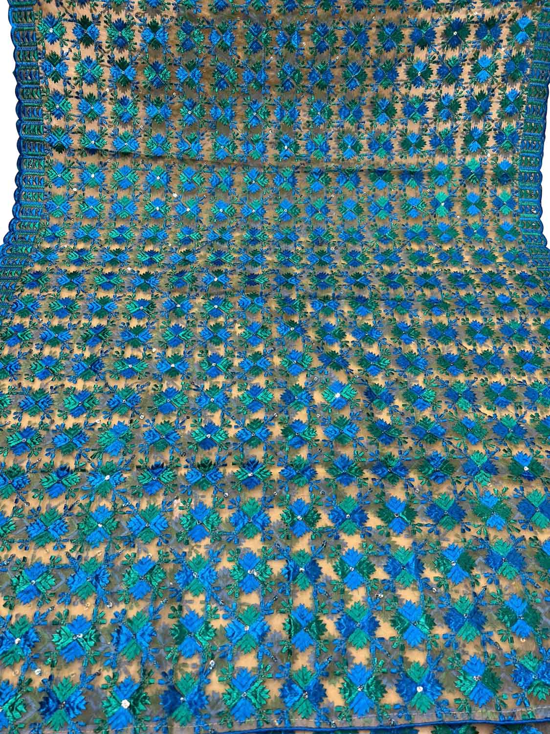 Blue Phulkari Embroidered Organza Silk Sequins Scallop Dupatta - Luxurion World