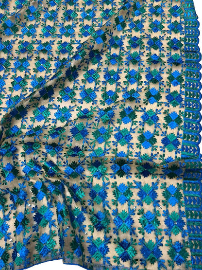 Blue Phulkari Embroidered Organza Silk Sequins Scallop Dupatta - Luxurion World