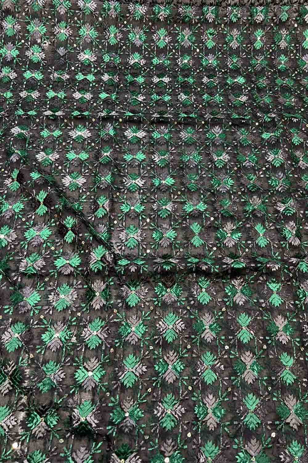 Black Phulkari Embroidered Organza Silk Sequins Scallop Dupatta - Luxurion World