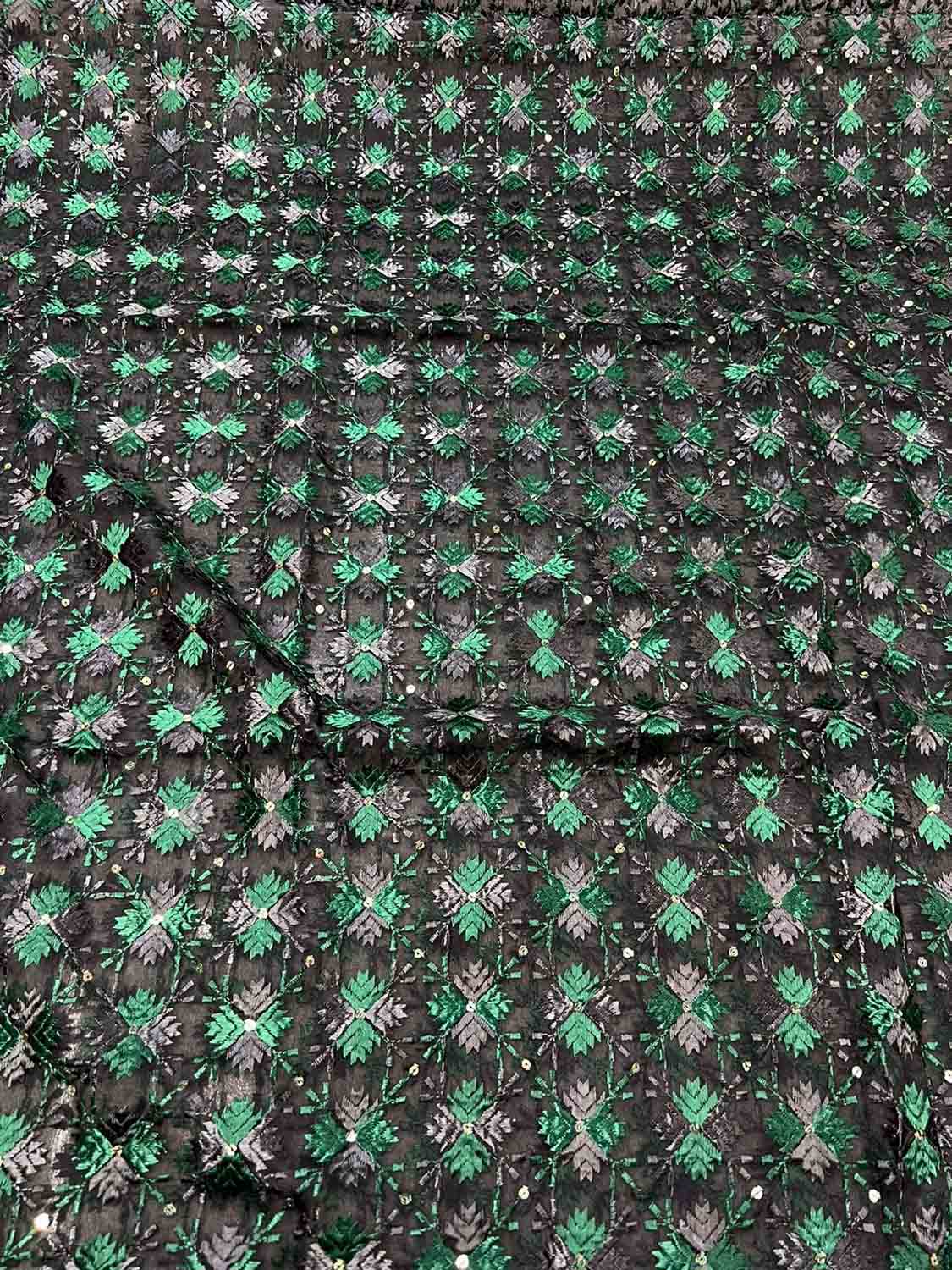 Black Phulkari Embroidered Organza Silk Sequins Scallop Dupatta - Luxurion World