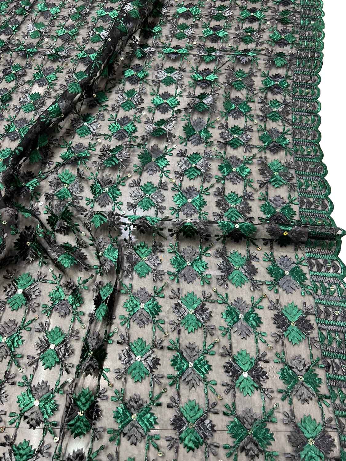 Black Phulkari Embroidered Organza Silk Sequins Scallop Dupatta - Luxurion World