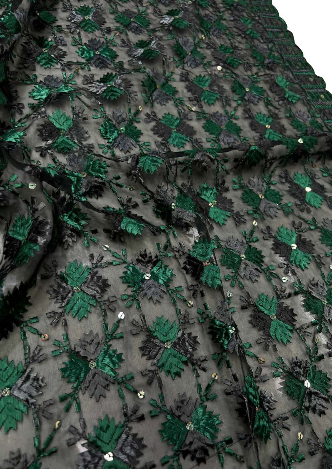 Black Phulkari Embroidered Organza Silk Sequins Scallop Dupatta - Luxurion World
