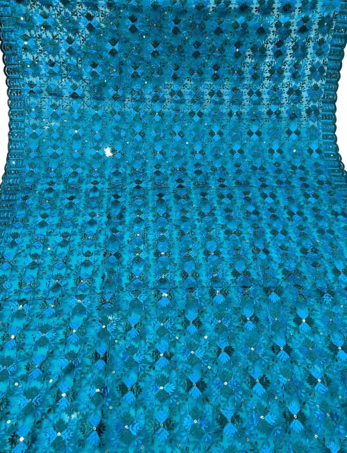 Blue Phulkari Embroidered Organza Silk Sequins Scallop Dupatta - Luxurion World
