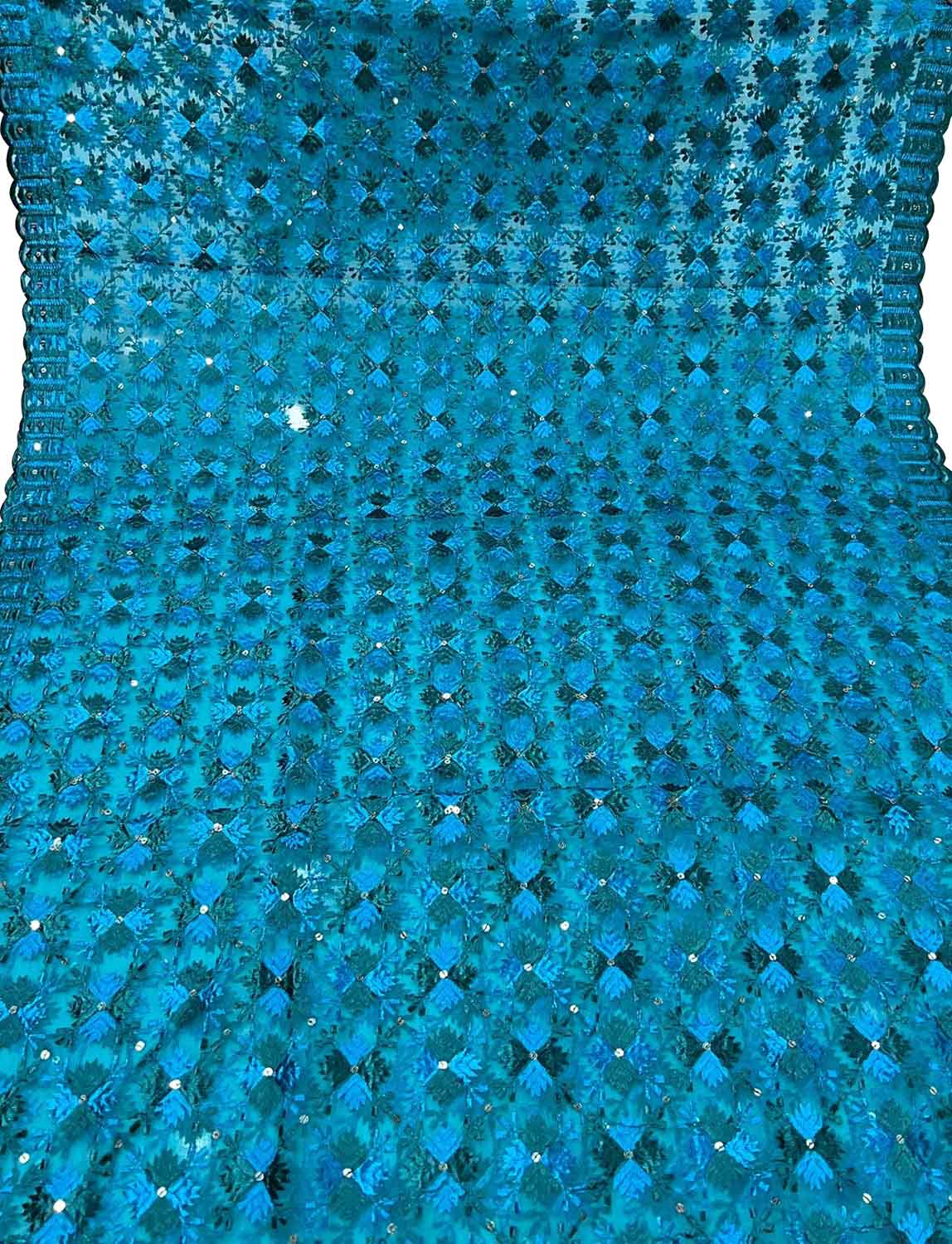 Blue Phulkari Embroidered Organza Silk Sequins Scallop Dupatta - Luxurion World