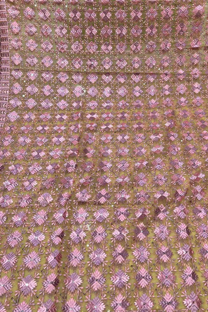 Pastel Phulkari Embroidered Organza Silk Sequins Scallop Dupatta - Luxurion World