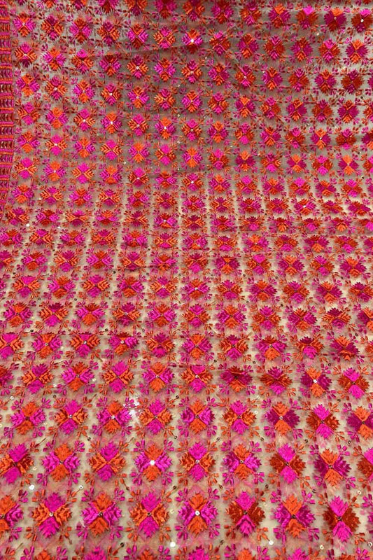 Pink Phulkari Embroidered Organza Silk Sequins Scallop Dupatta
